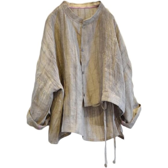 Tops - Women's Linen Asymmetrical Shirt Top Irregular Hem Tie Retro Stand Collar Button
